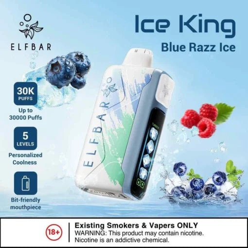 Vapeshopgurgaon Elf Bar Ice King Blue Razz Ice disposable vape with vibrant blue and purple design, 30K puff capacity.