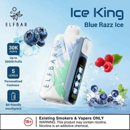 Vapeshopgurgaon Elf Bar Ice King Blue Razz Ice disposable vape with vibrant blue and purple design, 30K puff capacity.