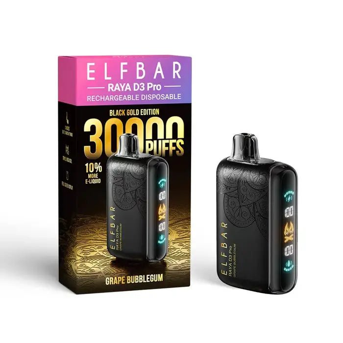 Vape Elf Bar Raya D3 Pro 30K Grape Bubblegum flavor in sleek design, featuring colorful packaging and vape device details.