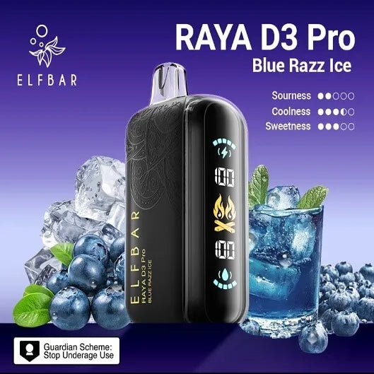 Vape device Elf Bar Raya D3 Pro 30K Blue Razz Ice flavor from Vapeshopgurgaon, showing the sleek blue design and product label.