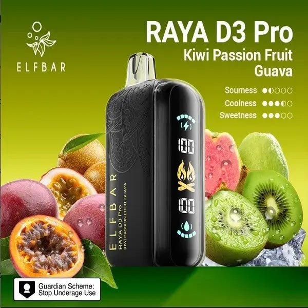 Elf Bar Raya D3 Pro vape with kiwi, passion fruit, and guava flavor in sleek disposable device by Vapeshopgurgaon
