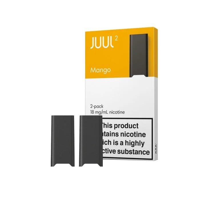 Vapeshopgurgaon JUUL2 Mango Pods with 2 pods for vaping, featuring bright mango flavor packaging and sleek design.
