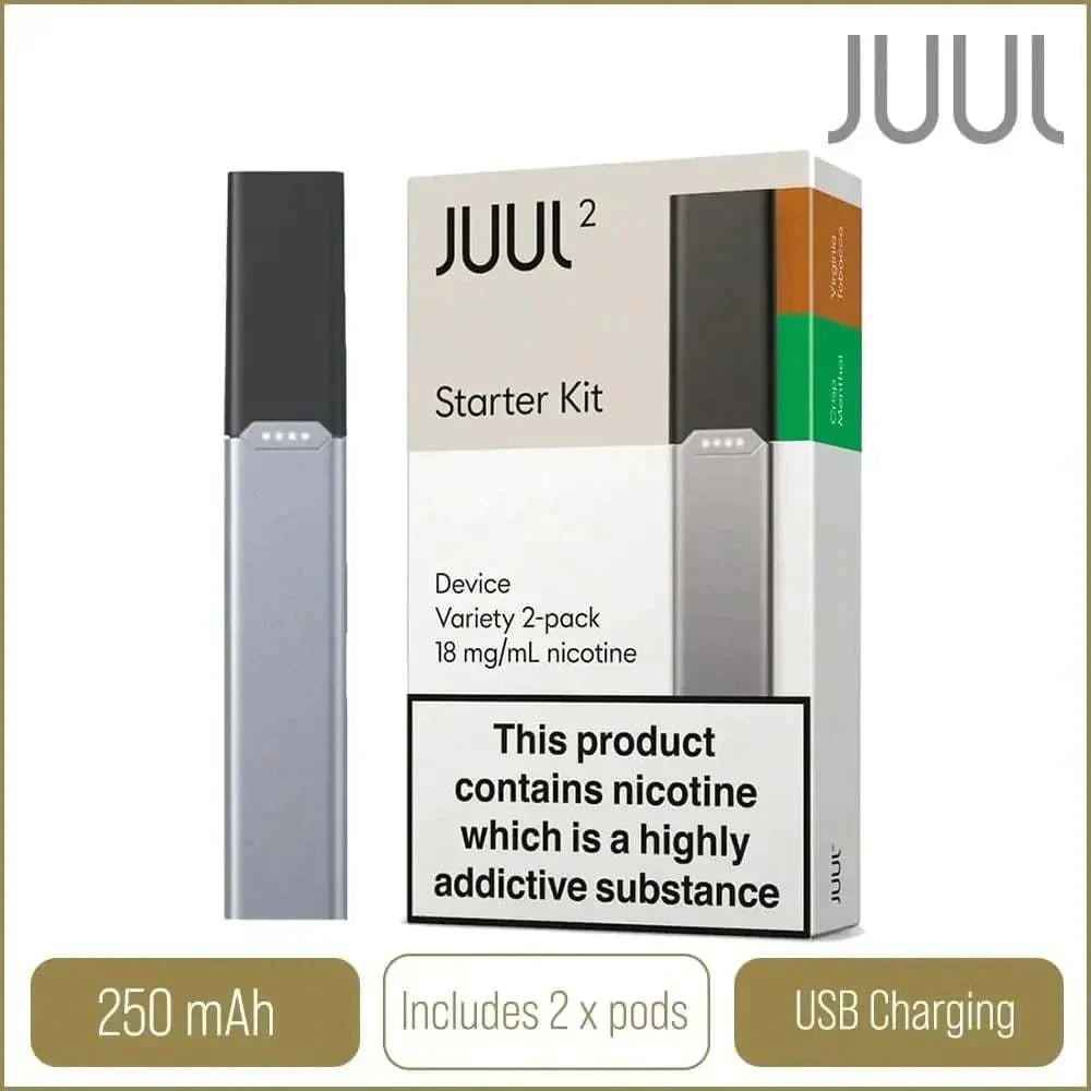 Vapeshopgurgaon JUUL2 Starter Kit with two pods, compact vape device with sleek design, on a neutral background.
