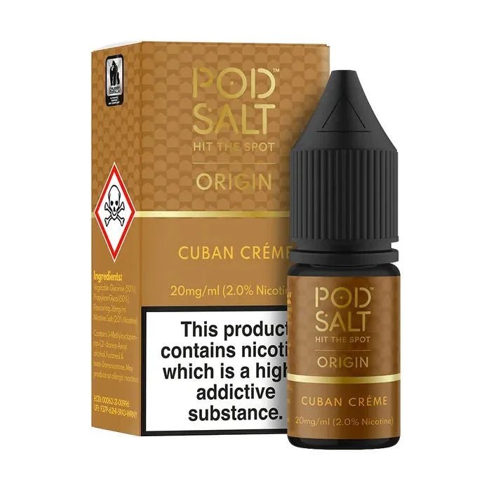 Vape Shop Gurgaon POD SALT CUBAN CREME nicotine salt e-liquid bottle by Vapeshopgurgaon, featuring white label and blue accents.